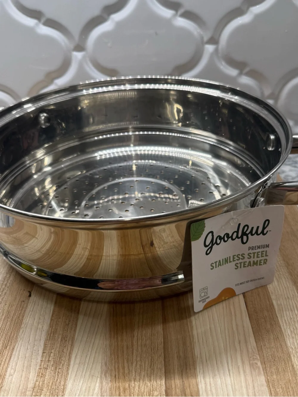 NWT Goodful Premium Stainless Steel Steamer Basket Insert 10” diameter, 3” high